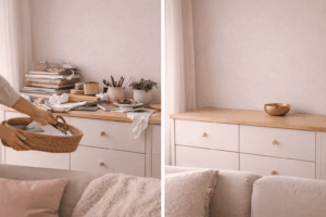 Nervensystem beruhigen zuhause: freie Fläche schaffen vorher/nachher
