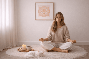 Regulations-Ort zuhause: Frau meditiert, Sri Yantra an der Wand, Katze schläft